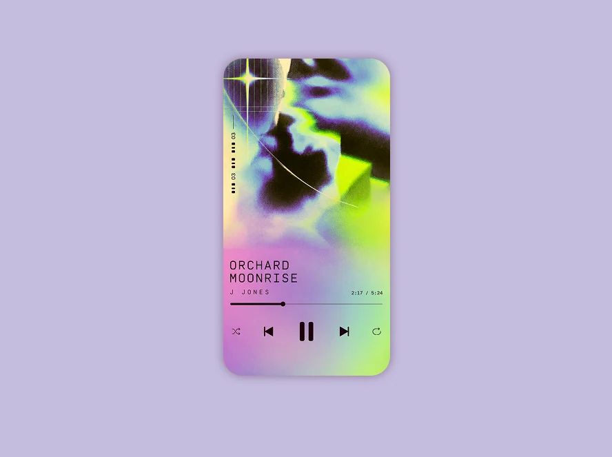 Music player mockup with neon abstract artwork, the title Orchard Moonrise by J Jones, and playback controls.