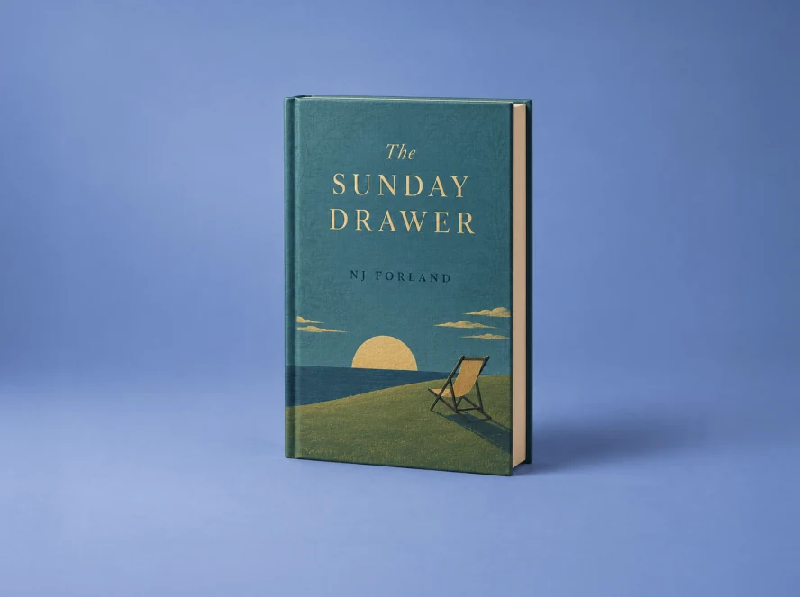 Teal book titled The Sunday Drawer by NJ Forland, with a sun setting over water and an empty chair on grass.