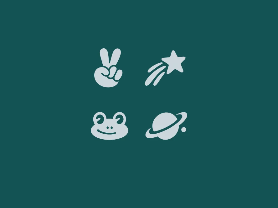 Four pale blue icons showing a peace sign, shooting star, frog, and ringed planet on a dark green background.