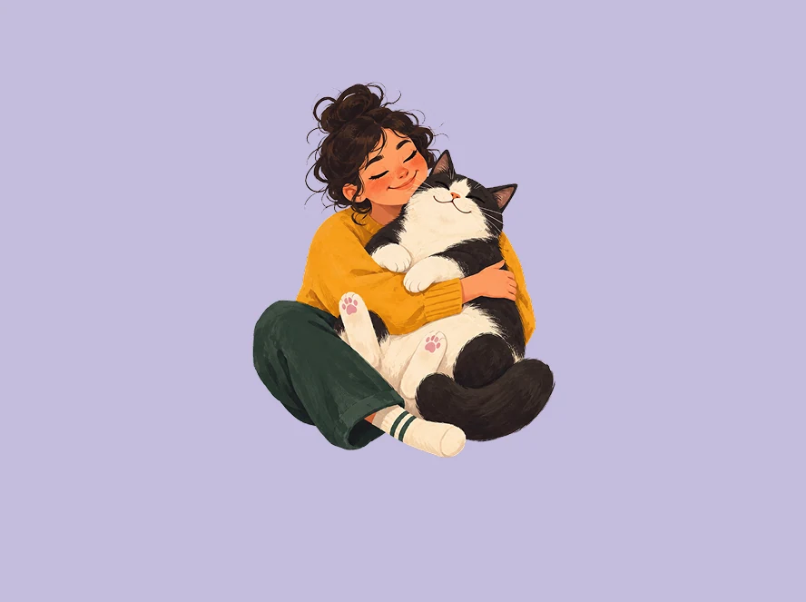 Illustration of a person in a yellow sweater hugging a black and white cat on a lavender background.
