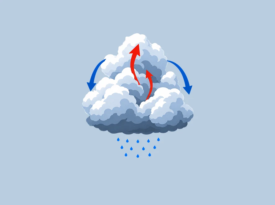 Diagram of a rain cloud with red arrows rising through it, blue arrows curving downward, and raindrops below.