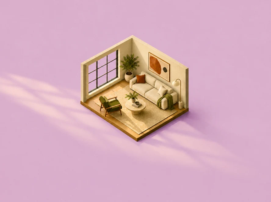 Isometric miniature living room with a cream sofa, green armchair, plants, and a large window on a pink background.