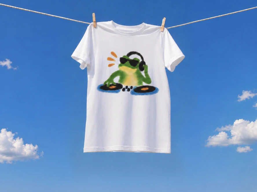 White shirt printed with a green frog wearing sunglasses and headphones at turntables, hanging against a blue sky.