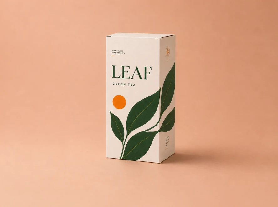 Cream LEAF Green Tea box decorated with green leaves and an orange circle on a peach surface.