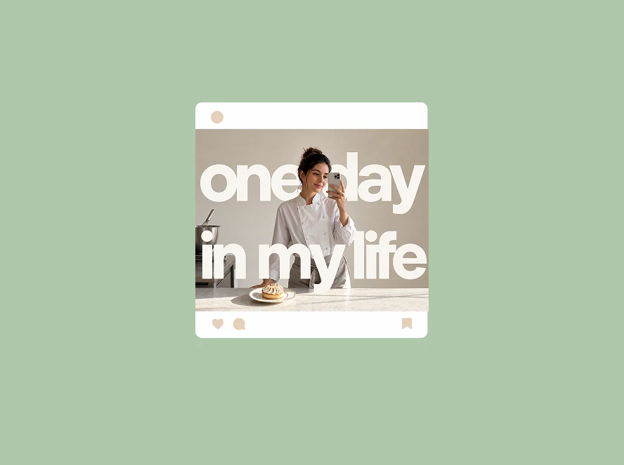 Social media post mockup on a pale green background with a person in a white chef jacket taking a mirror selfie and large white text reading one day in my life.