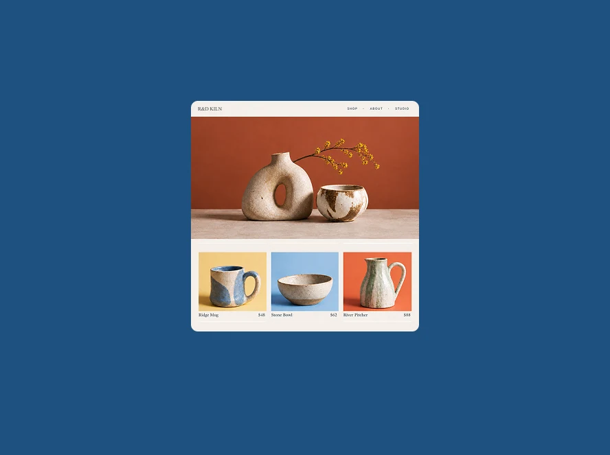 Red Kiln ceramics shop webpage with a large photo of two vases and a row of three product cards.