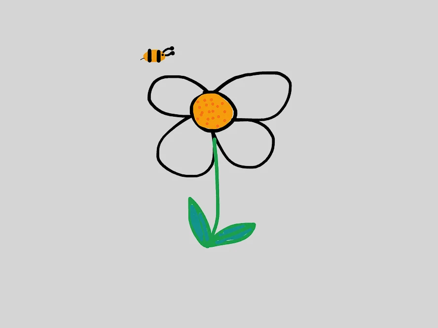 Simple sketch of a flower with an orange center, green stem and leaves, and a bee.